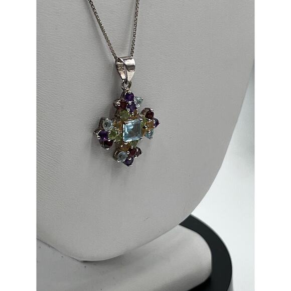 Sterling Silver Multi Color Gemstones Signed Cross Pendant Necklace Garnet Topaz - Picture 3 of 13